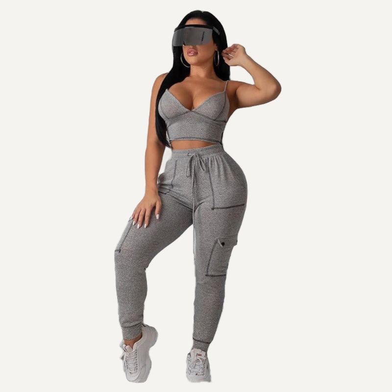 Contrast-Seam Bra and Pocket Joggers Set - Gray