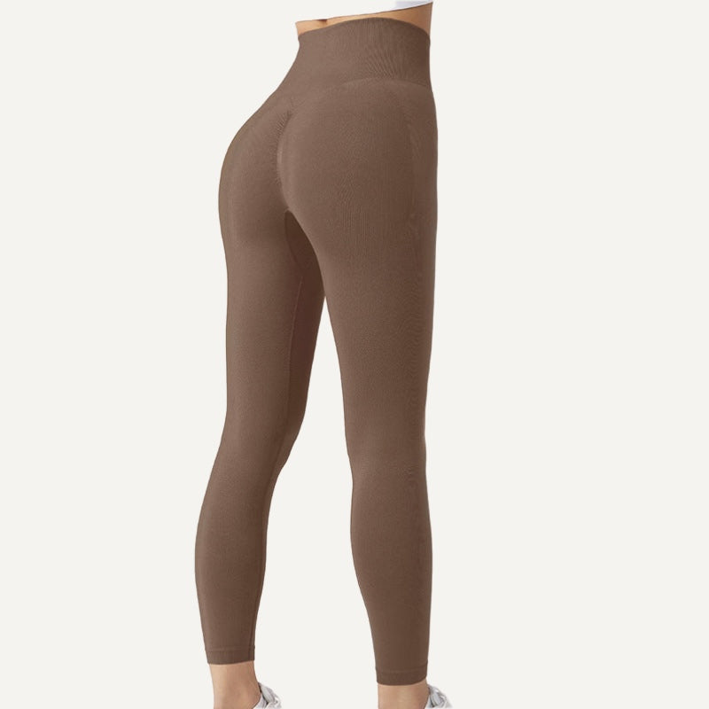 High-Waisted Workout Leggings with Ribbed Knit Panels - Brown