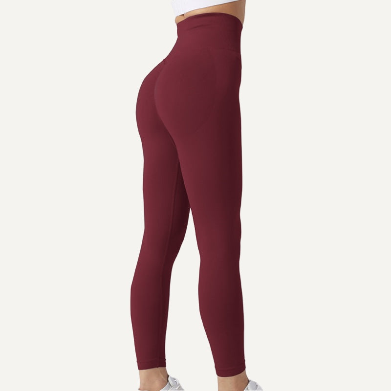 High-Waisted Workout Leggings with Ribbed Knit Panels - Burgundy