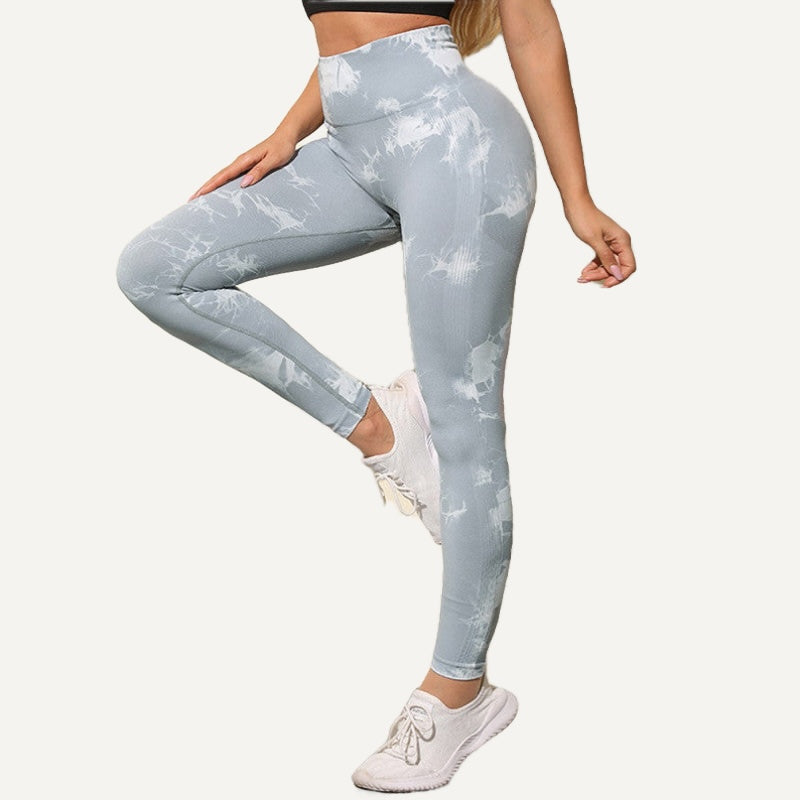 High-Waisted Leggings with Marbled Print - Light Gray