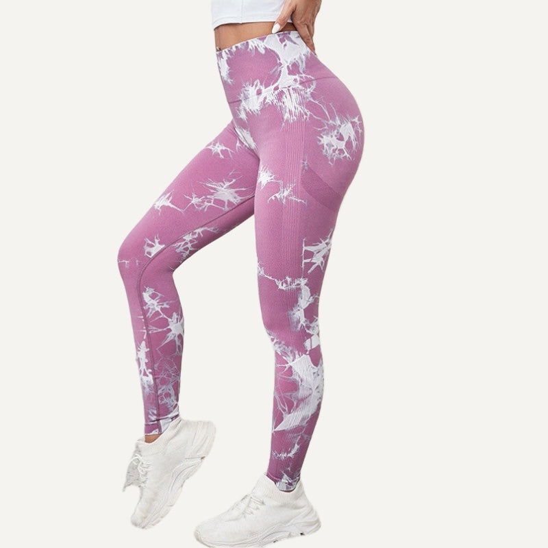 High-Waisted Leggings with Marbled Print - Mauve