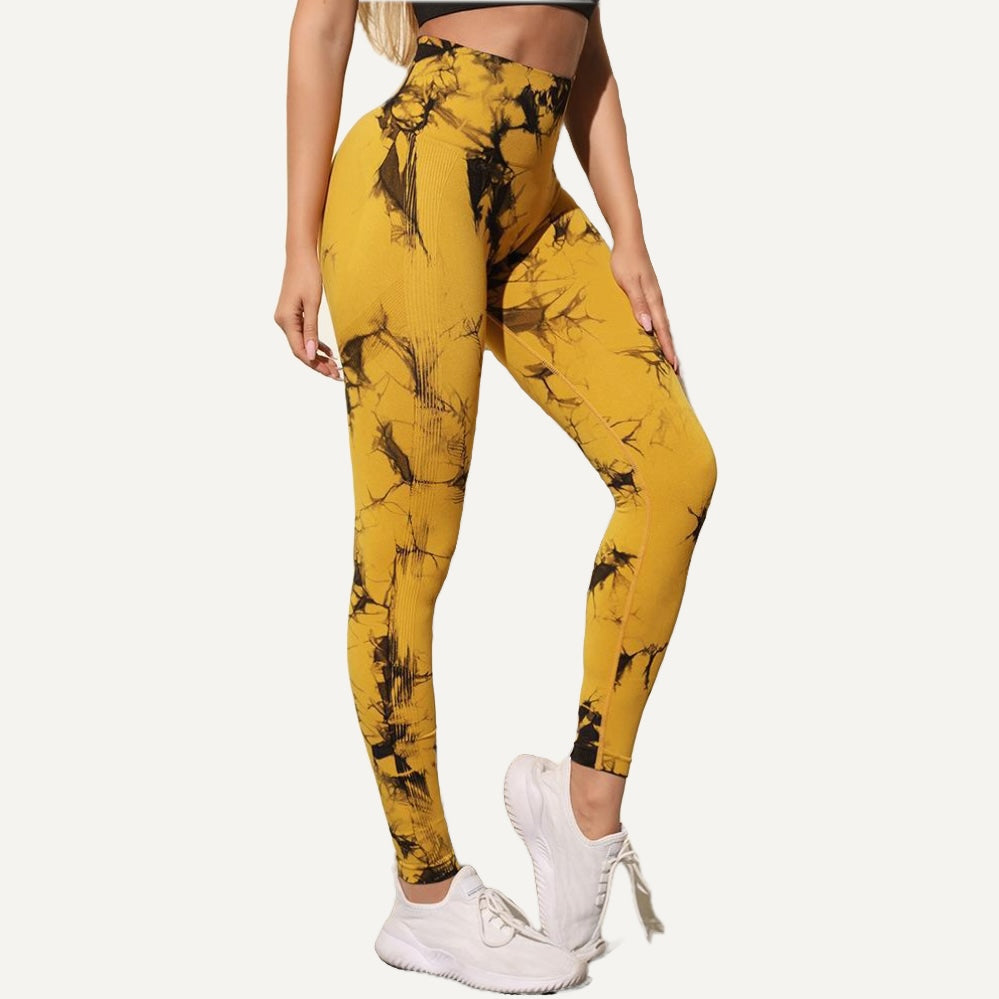 High-Waisted Leggings with Marbled Print - Mustard