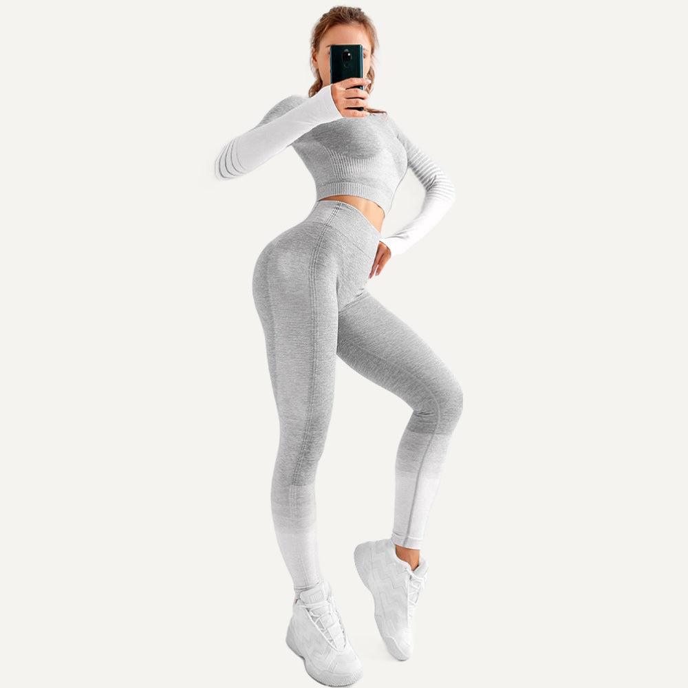 Striped Sleeve Crop Top and Two-Tone Leggings Set - White Gray