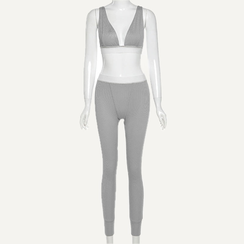 Deep V-Neck Bra and Contrast-Waist Leggings Set - Gray