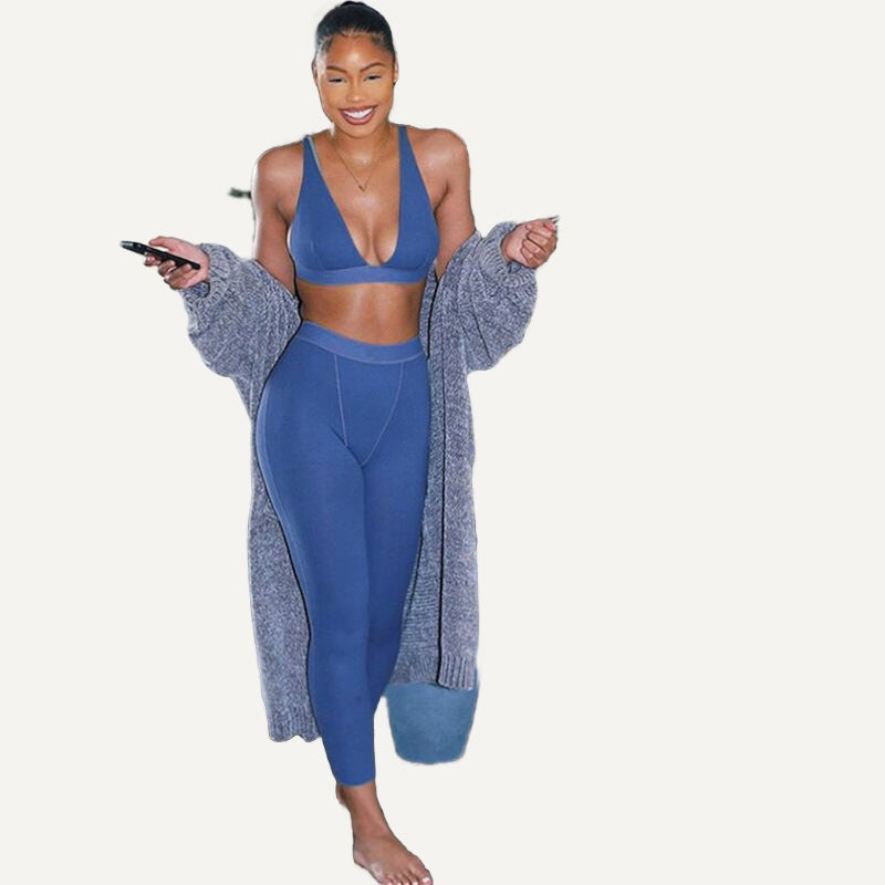 Deep V-Neck Bra and Contrast-Waist Leggings Set - Blue