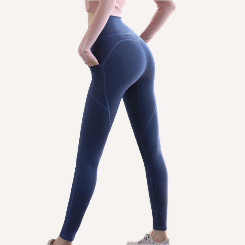 High-Waisted Pocket Leggings with Curved Seams - Navy