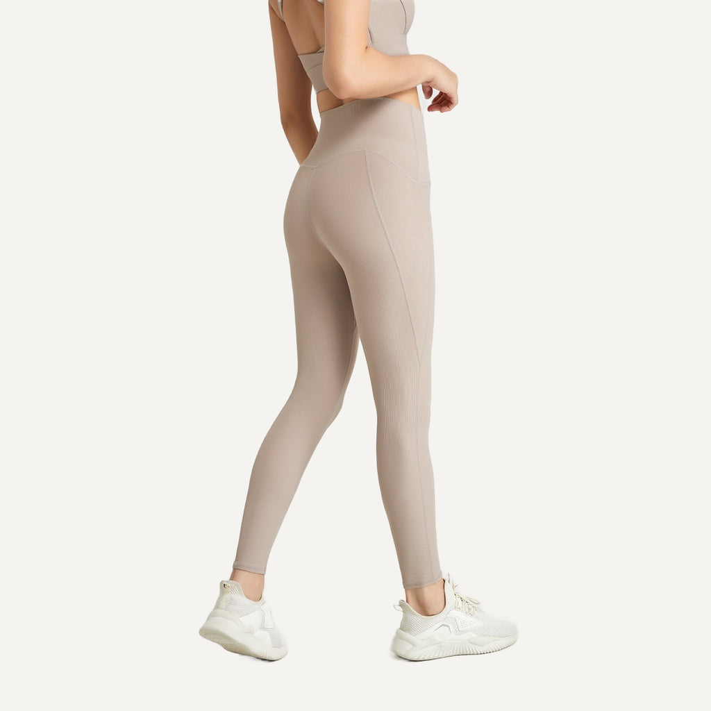 High-Waisted Ribbed Leggings - Beige