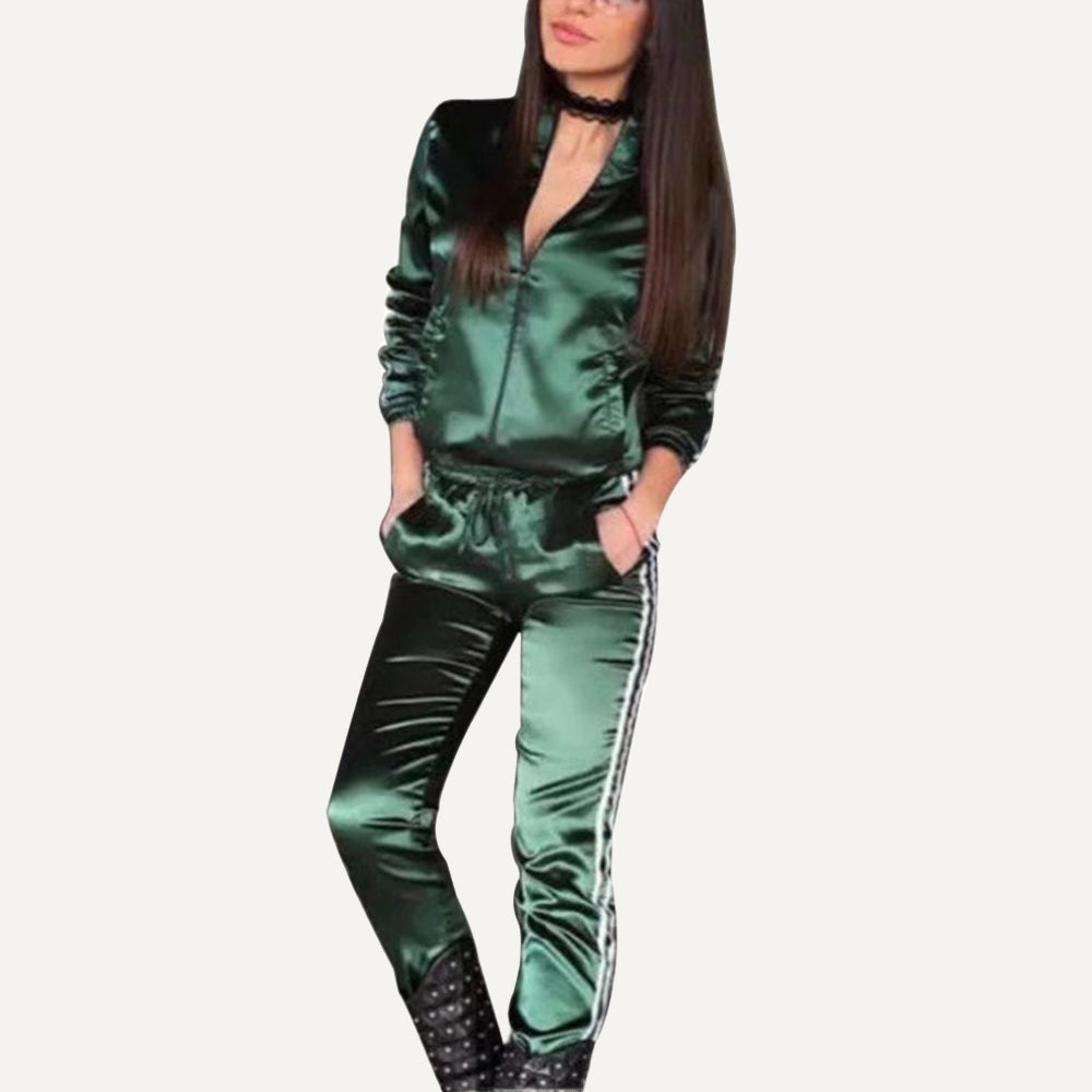 Zip Jacket and Joggers Set with Side Stripes - Green