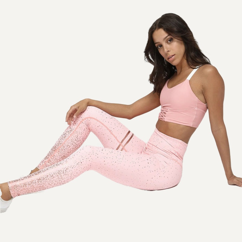 High-Waisted Speckled Leggings with Thigh Stripes - Pink