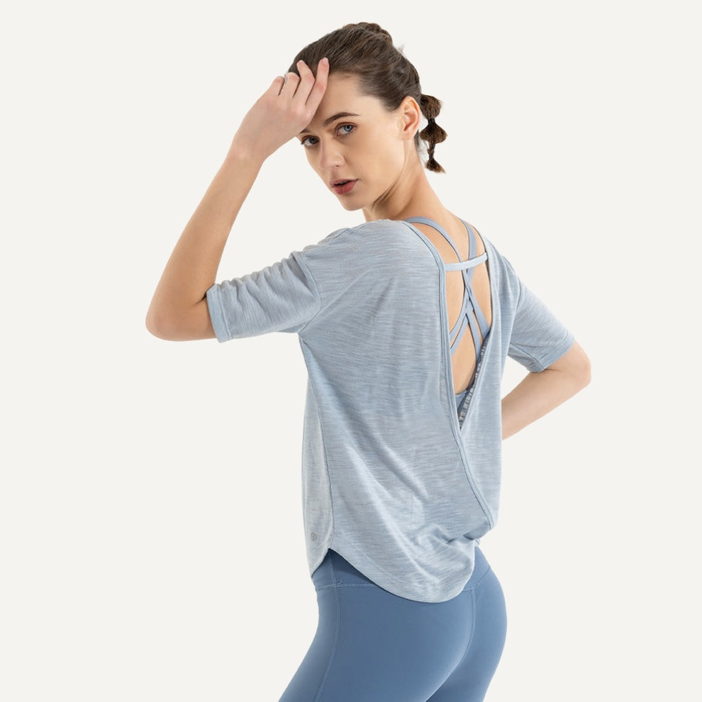 Loose Short Sleeve Top with Open Back - Dusty Blue