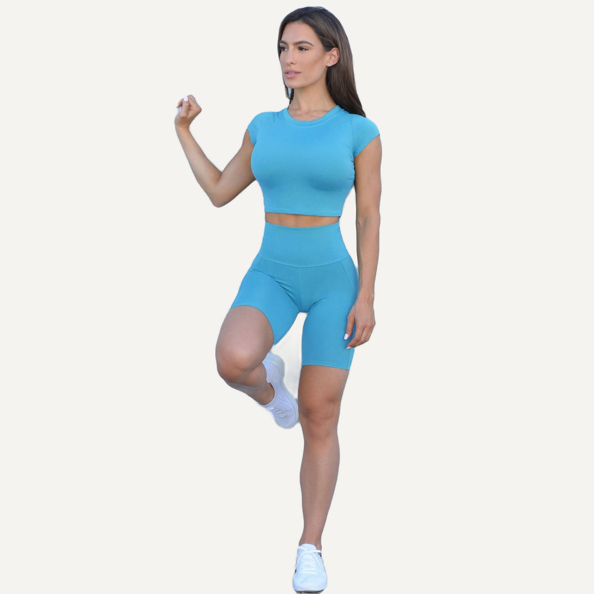 Short Sleeve Crop Top and Biker Shorts Set - Sky Blue