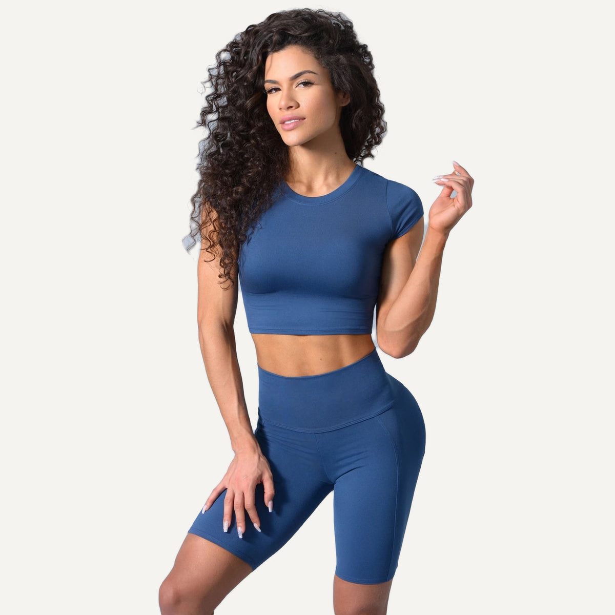 Short Sleeve Crop Top and Biker Shorts Set - Blue