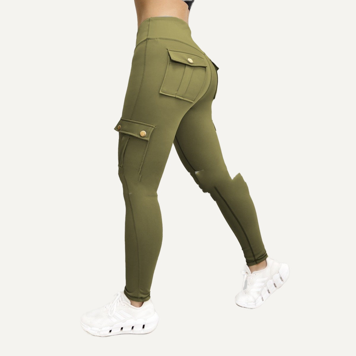 High-Waisted Cargo Leggings with Flap Pockets - Olive