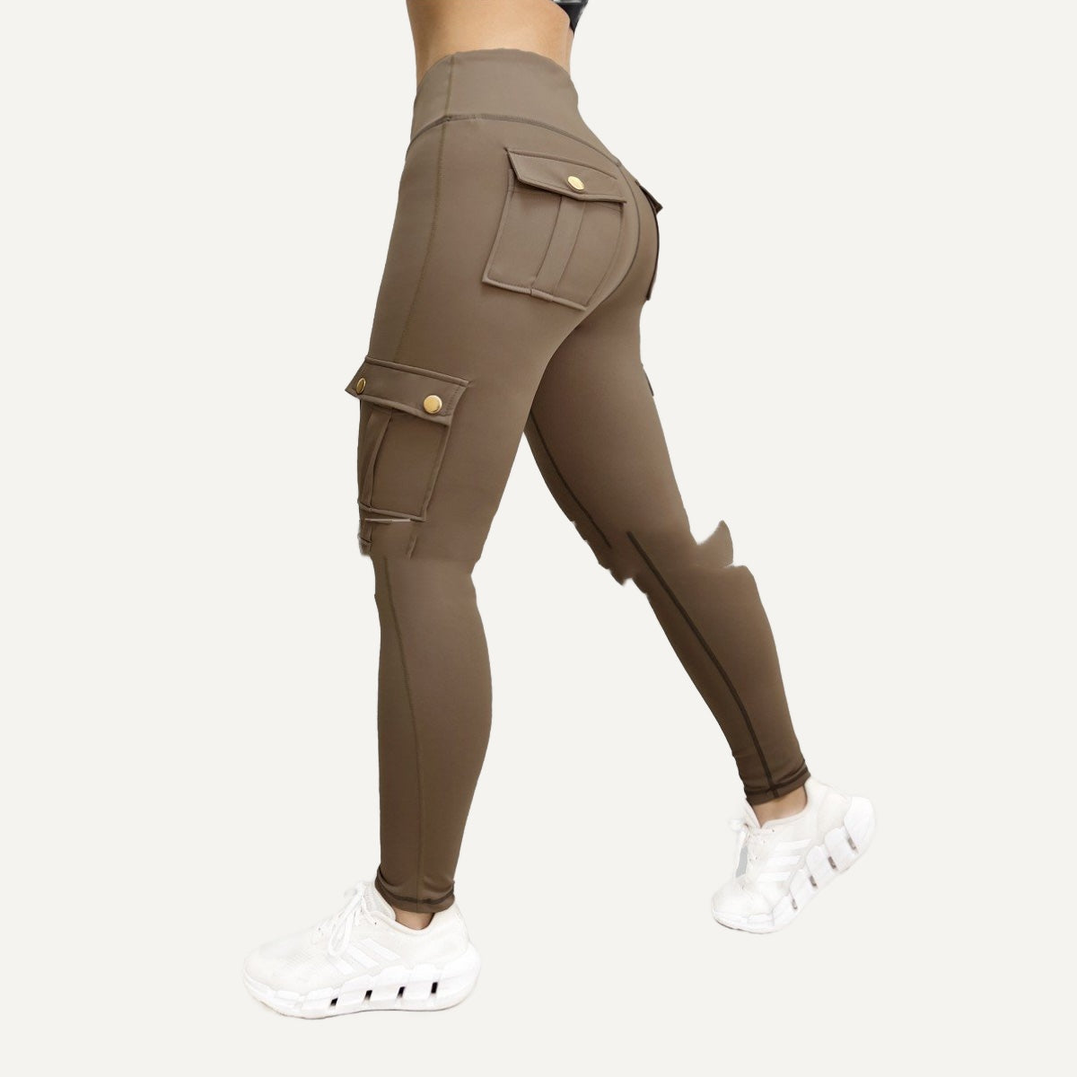 High-Waisted Cargo Leggings with Flap Pockets - Brown