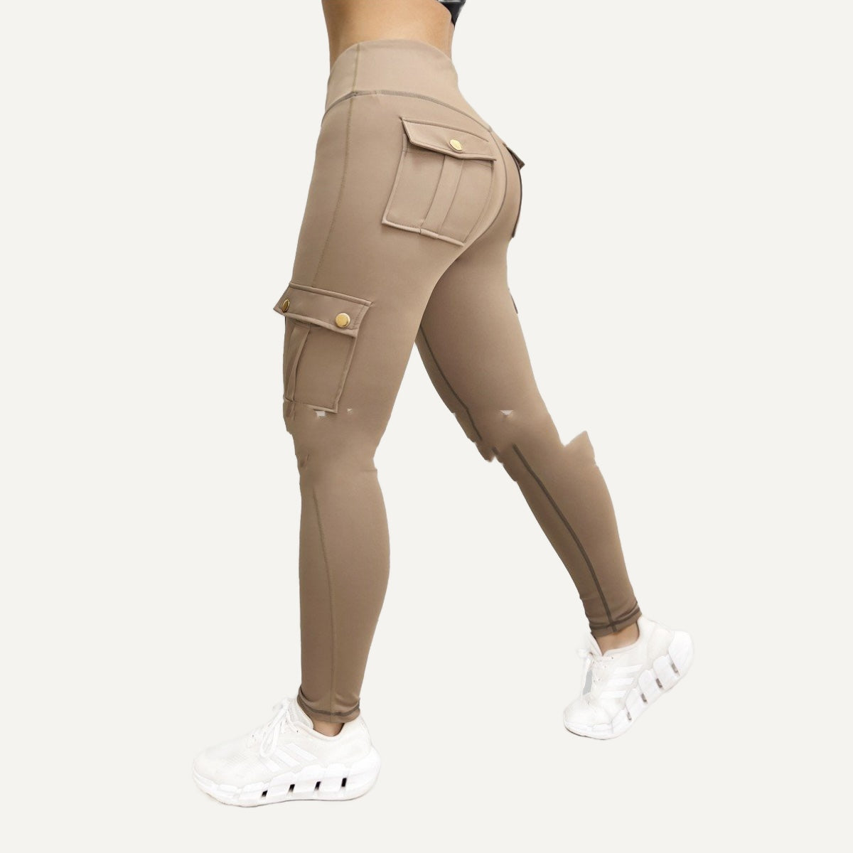 High-Waisted Cargo Leggings with Flap Pockets - Tan