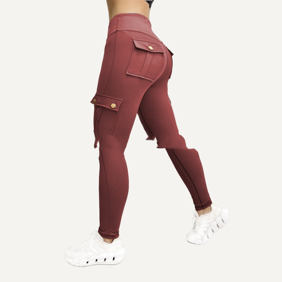 High-Waisted Cargo Leggings with Flap Pockets - Wine