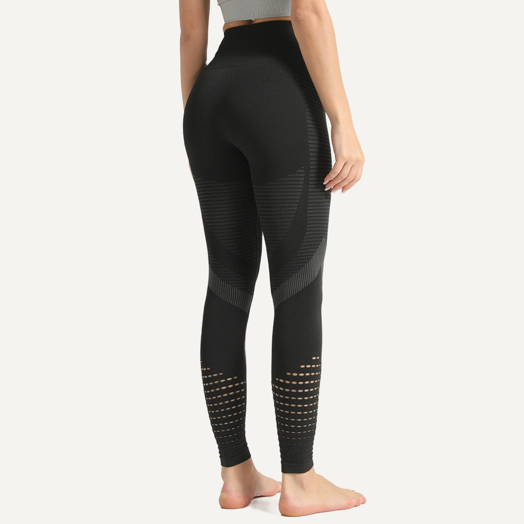 High-Waisted Knit Leggings with Openwork Calves - Black