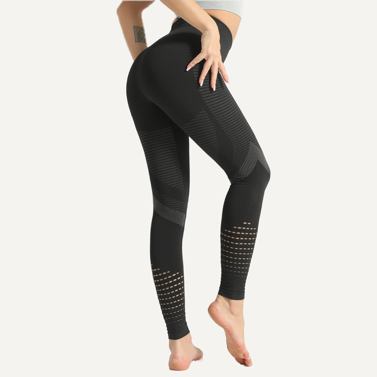 High-Waisted Knit Leggings with Openwork Calves - Black