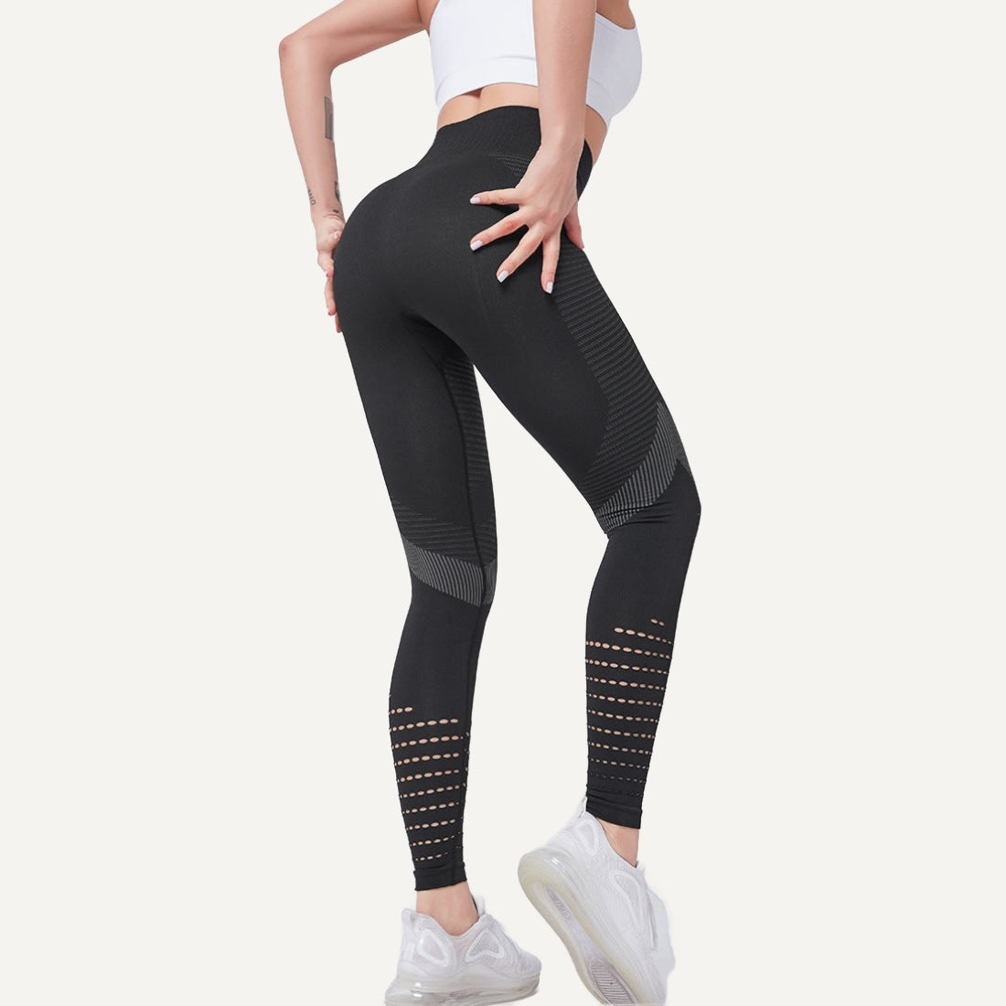 High-Waisted Leggings with Openwork Calf Panels - Black