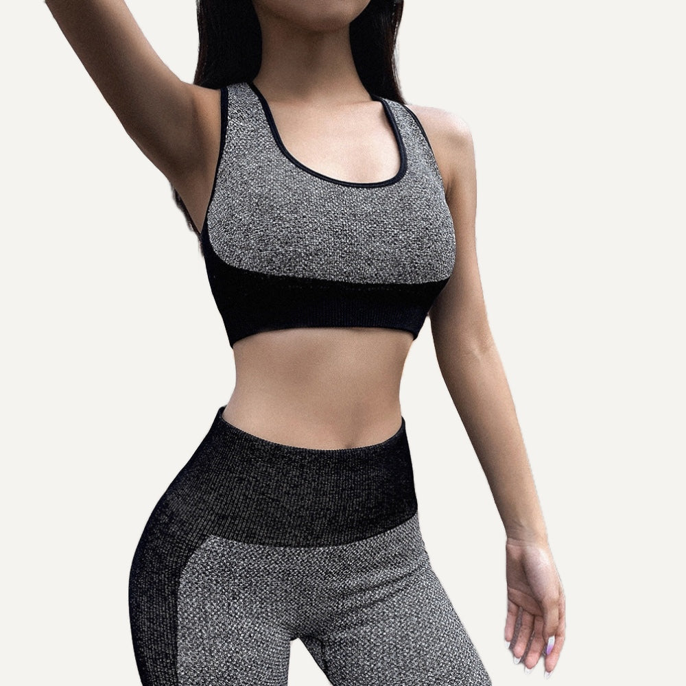 Cross-Back Sports Bra and Colorblock Leggings Set - Charcoal