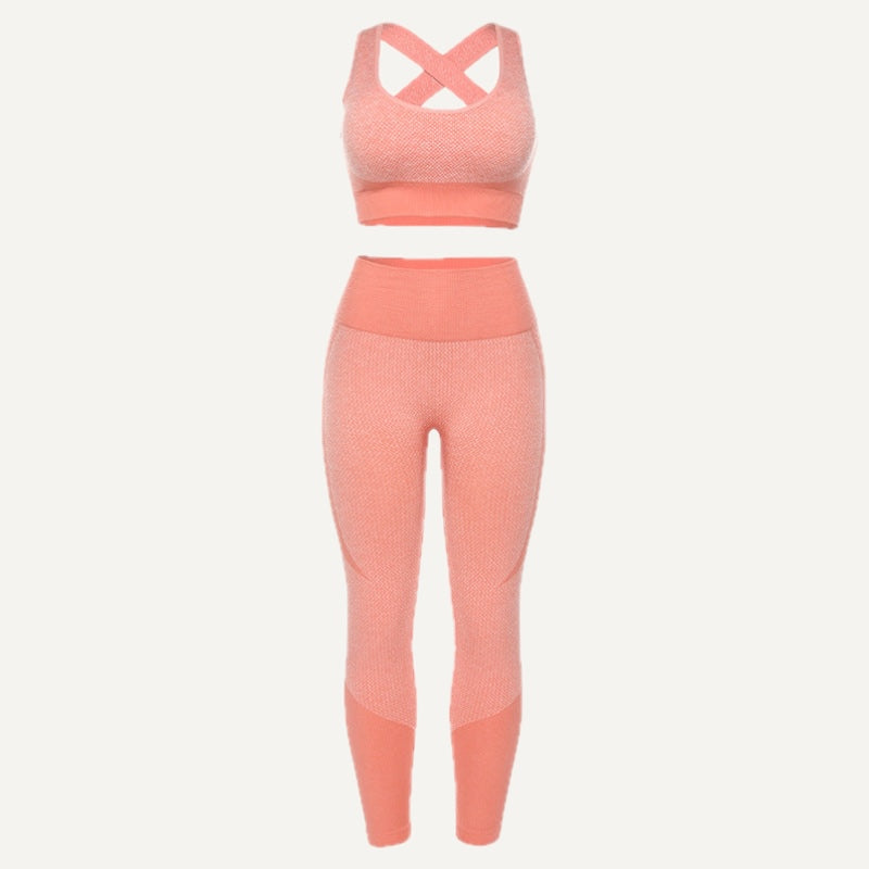 Cross-Back Sports Bra and Colorblock Leggings Set - Coral