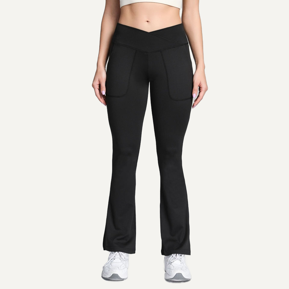Crossover-Waist Flared Leggings with Side Pockets - Black