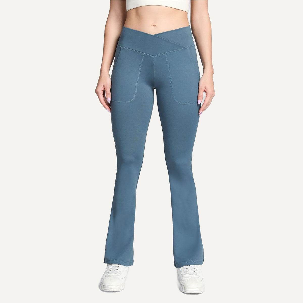 Crossover-Waist Flared Leggings with Side Pockets - Slate Blue