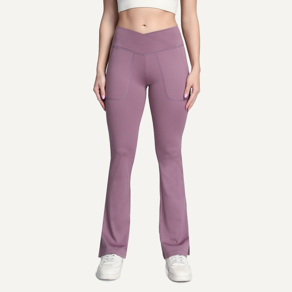 Crossover-Waist Flared Leggings with Side Pockets - Mauve