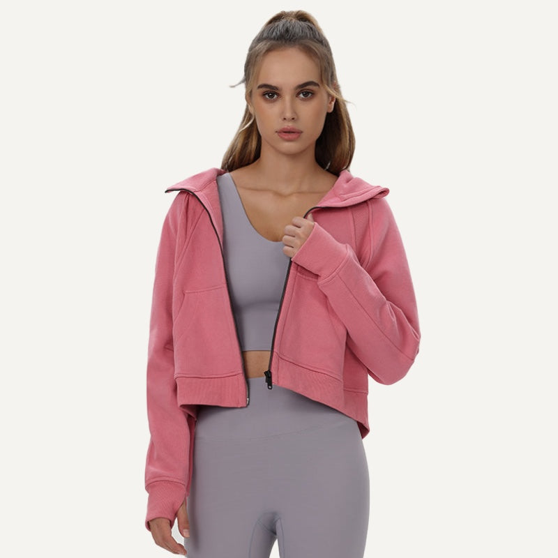 Cropped Zip-Up Hoodie with Thumbholes - Rose