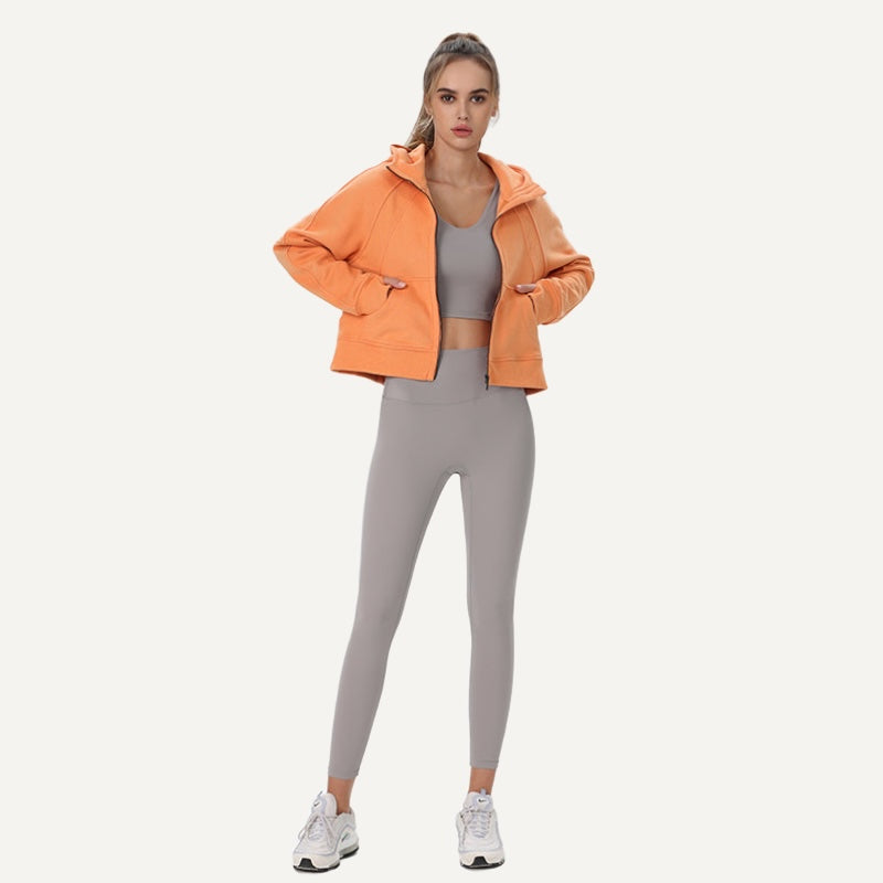 Cropped Zip-Up Hoodie with Thumbholes - Orange