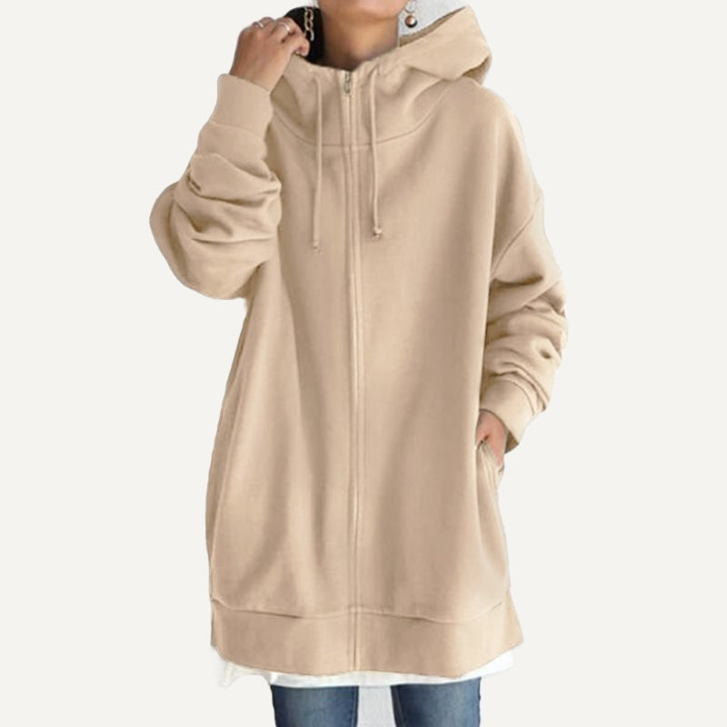 Long Fleece Hoodie with Half-Zip Front - Beige