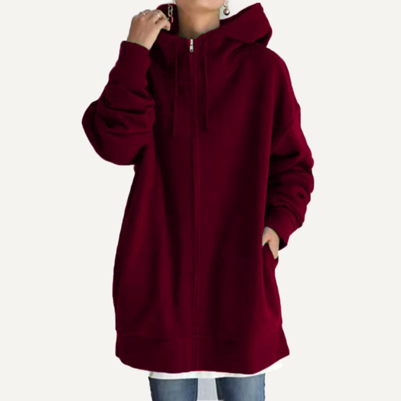 Long Fleece Hoodie with Half-Zip Front - Burgundy