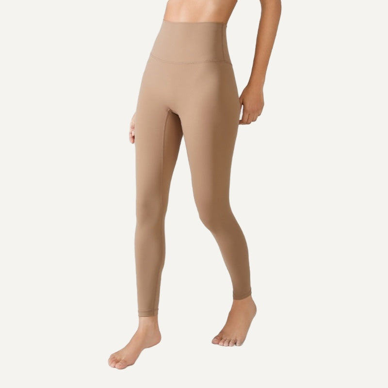 High-Waisted Solid Leggings with Wide Waistband - Tan