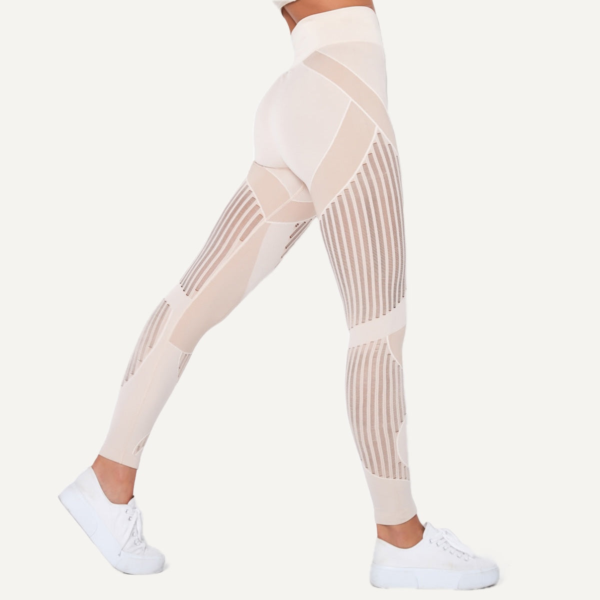 High-Waisted Leggings with Sheer Stripe Panels - Ivory