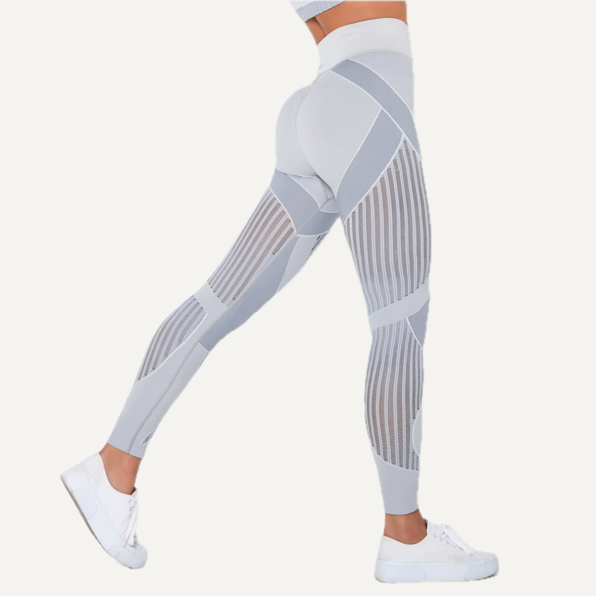 High-Waisted Leggings with Sheer Stripe Panels - Light Gray