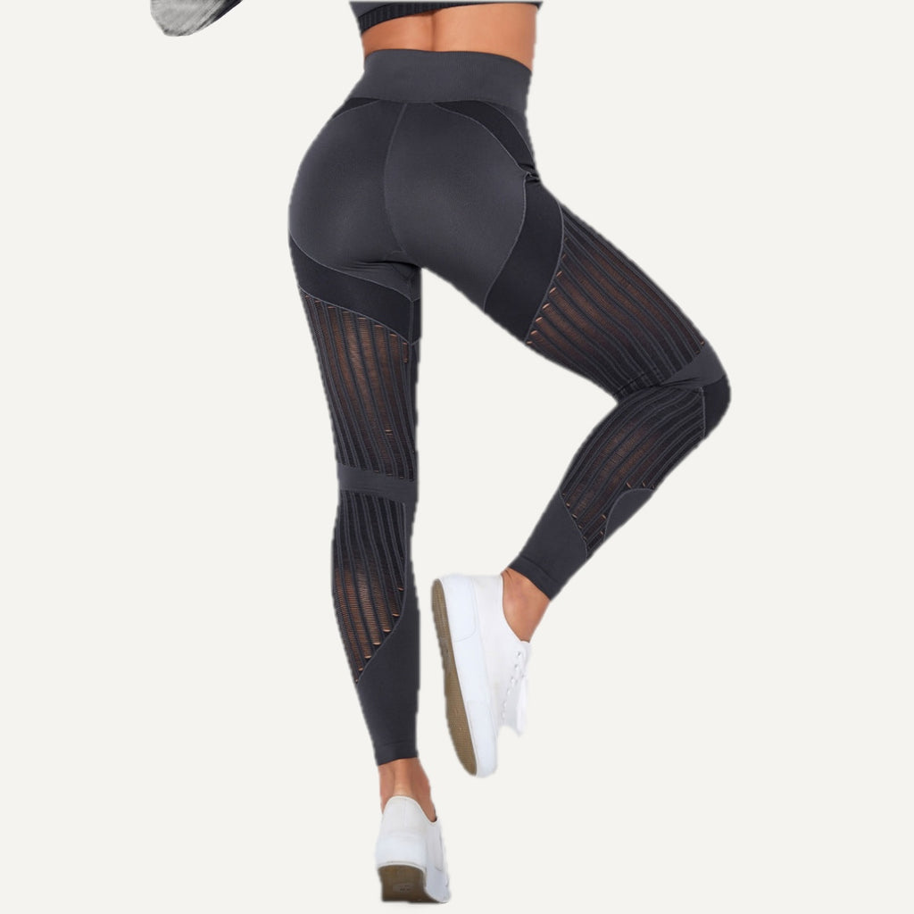 High-Waisted Leggings with Sheer Stripe Panels - Charcoal