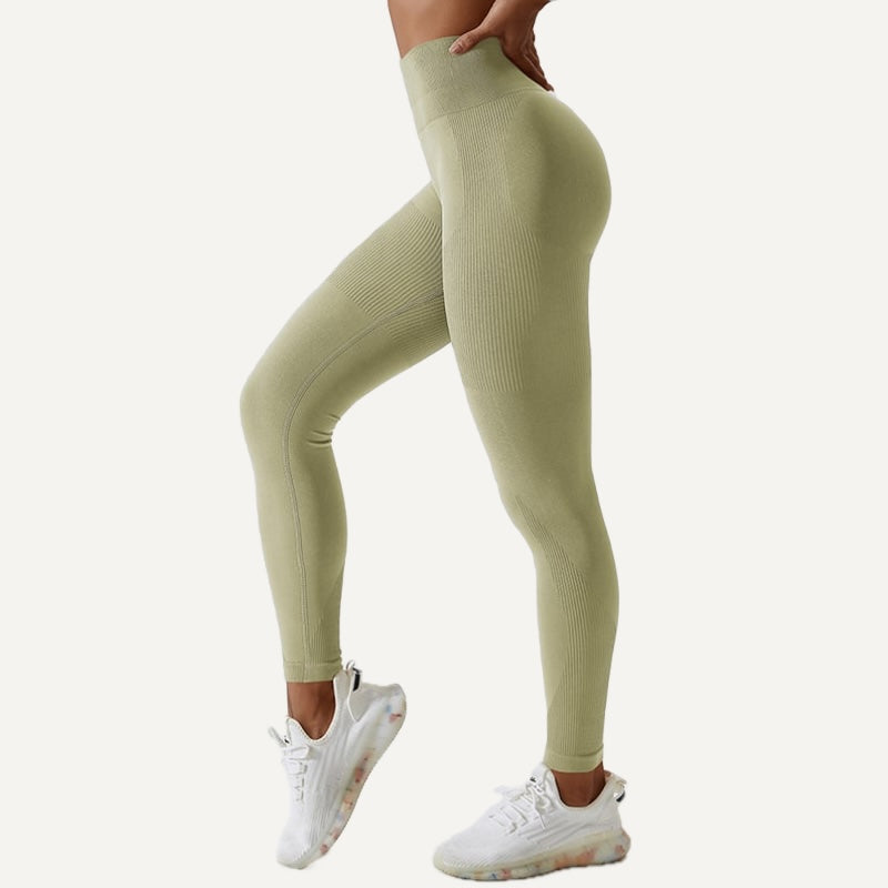 High-Waisted Seamless Leggings with Ribbed Panels - Sage