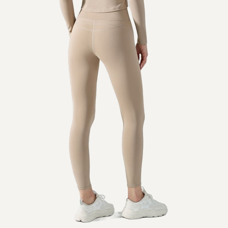 Plush-Lined Leggings with Back Pocket - Beige