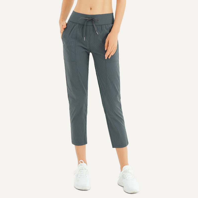 Cropped Drawstring Pants with Side Pockets - Deep Green