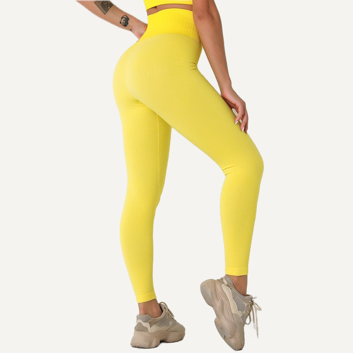 High-Waisted Ribbed Leggings - Yellow