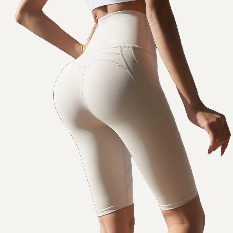 High-Waisted Biker Shorts with Angled Waist Seams - Ivory
