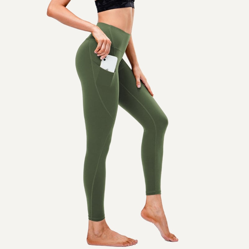 High-Waisted Leggings with Side Pockets - Olive