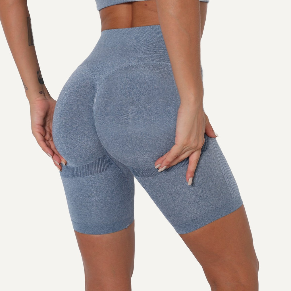 High-Waisted Heathered Biker Shorts - Steel Blue