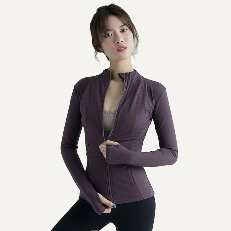 Paneled Zip-Up Workout Jacket with Thumbholes - Plum