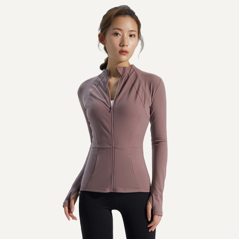 Paneled Zip-Up Workout Jacket with Thumbholes - Mauve