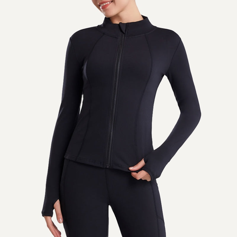 Stand-Collar Workout Jacket with Thumbhole Cuffs - Black