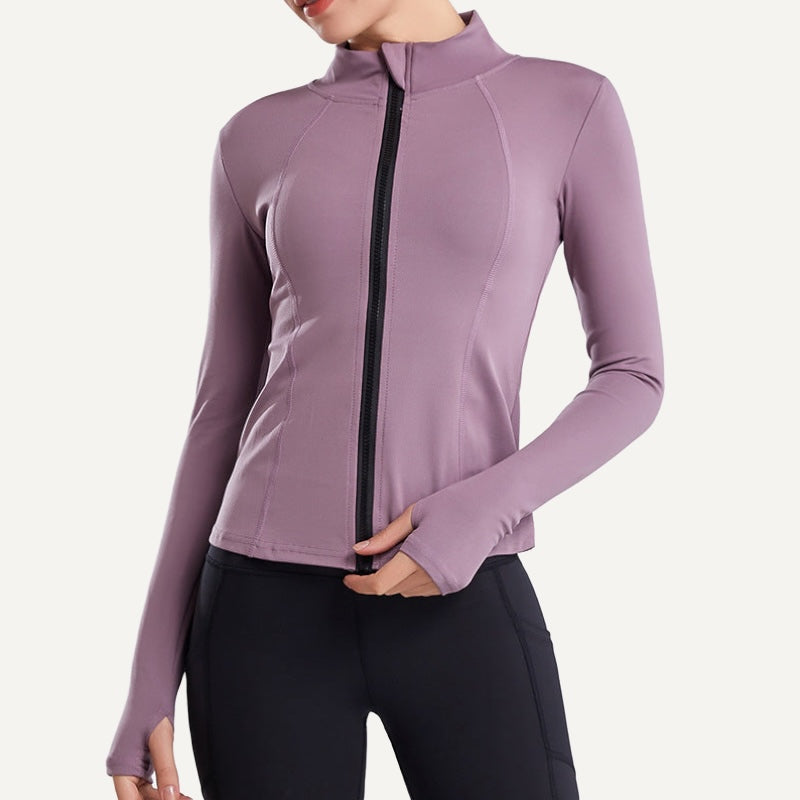 Stand-Collar Workout Jacket with Thumbhole Cuffs - Mauve