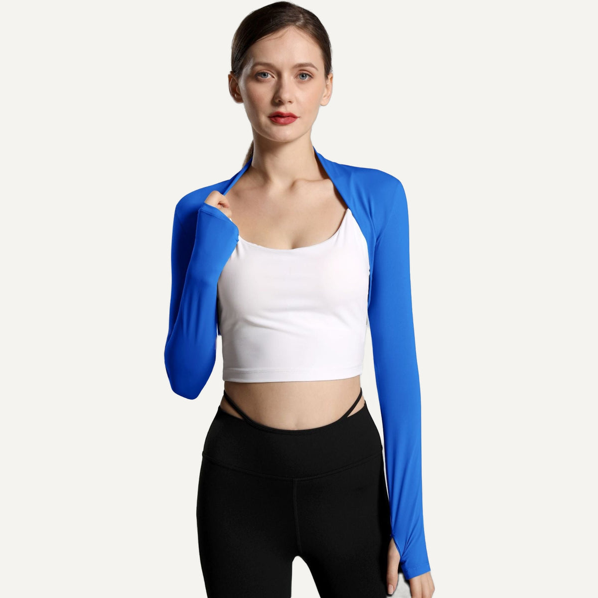 Open-Front Workout Shrug with Long Sleeves - Cobalt