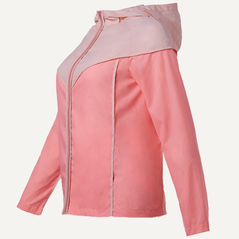 Colorblock Hooded Workout Jacket with Front Zipper - Coral
