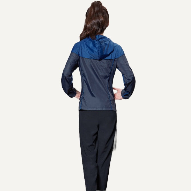 Colorblock Hooded Workout Jacket with Front Zipper - Blue Navy